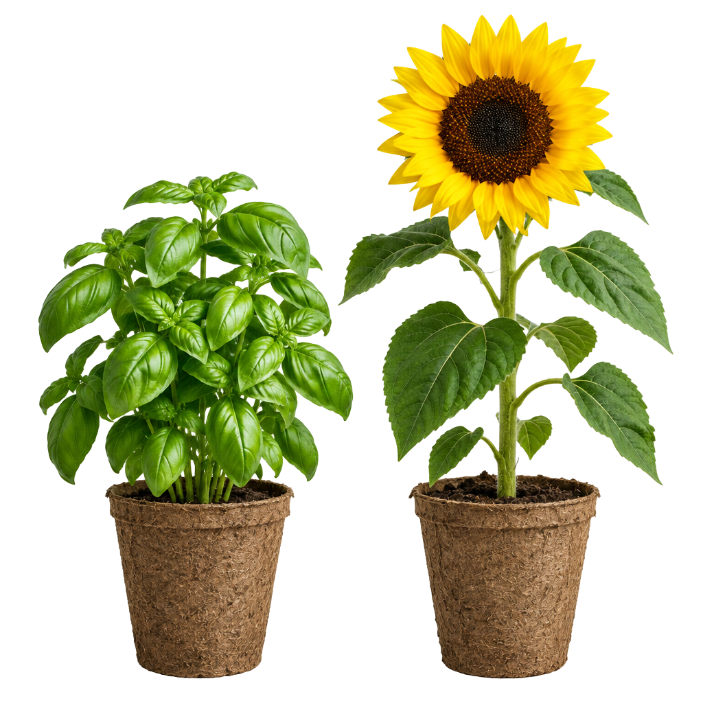 Basilic et tournesol dans leurs petits pots